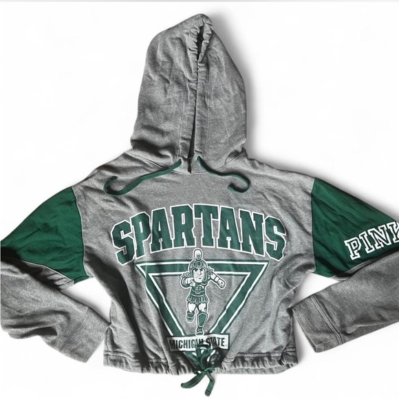 PINK Victoria's Secret Gray and Green MSU Spartans Drawstring Cropped Hoodie. - Picture 2 of 8